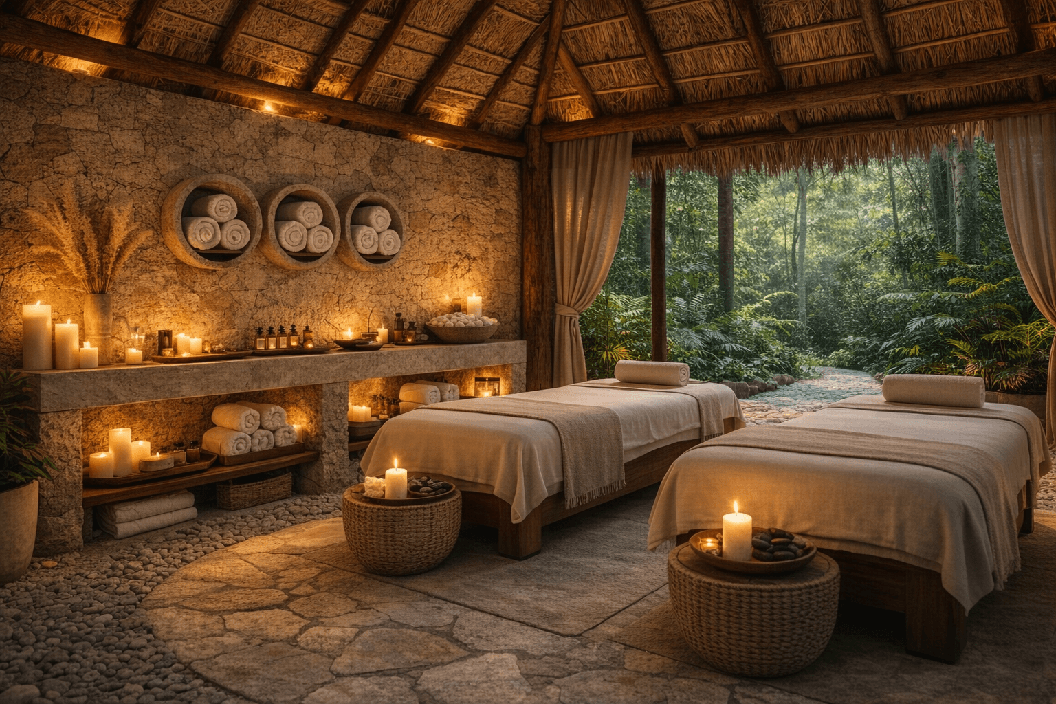 Spa con camas de masaje, velas y vista a la selva