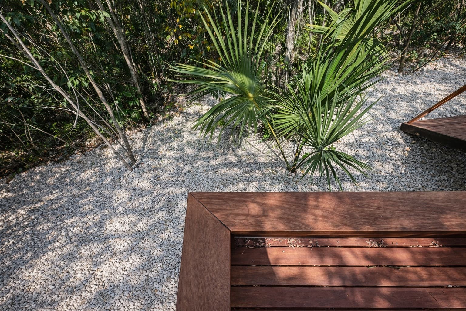 Patio con piedra blanca y vegetación en Aldea Sacbé