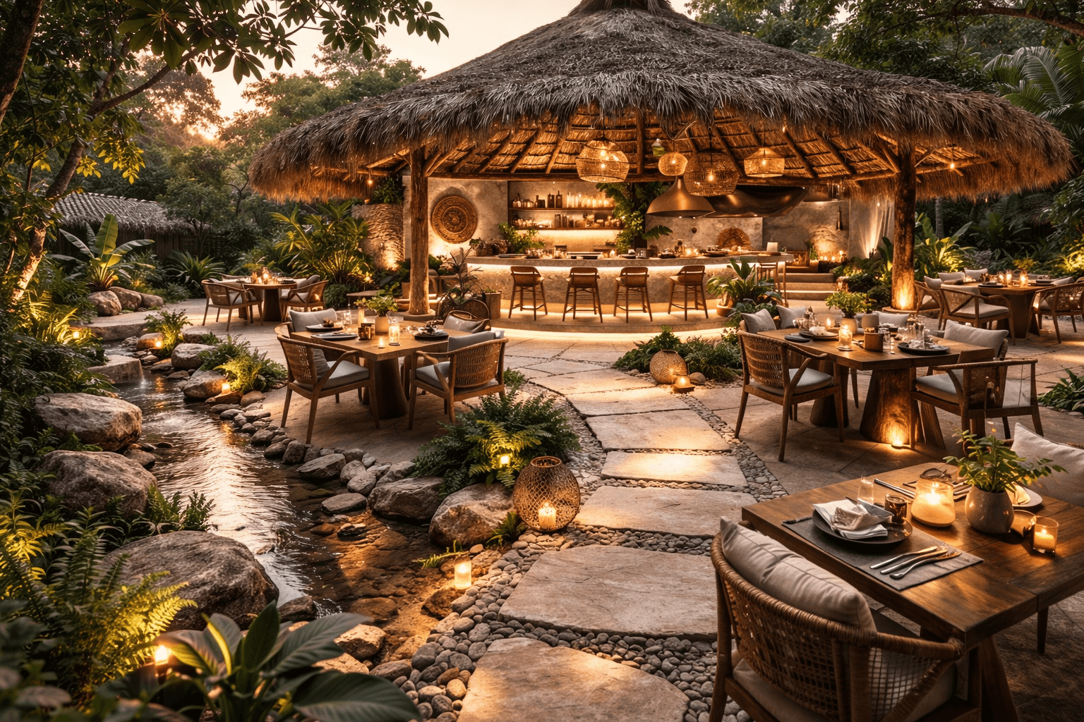 Restaurante al aire libre con palapa, mesas y arroyo