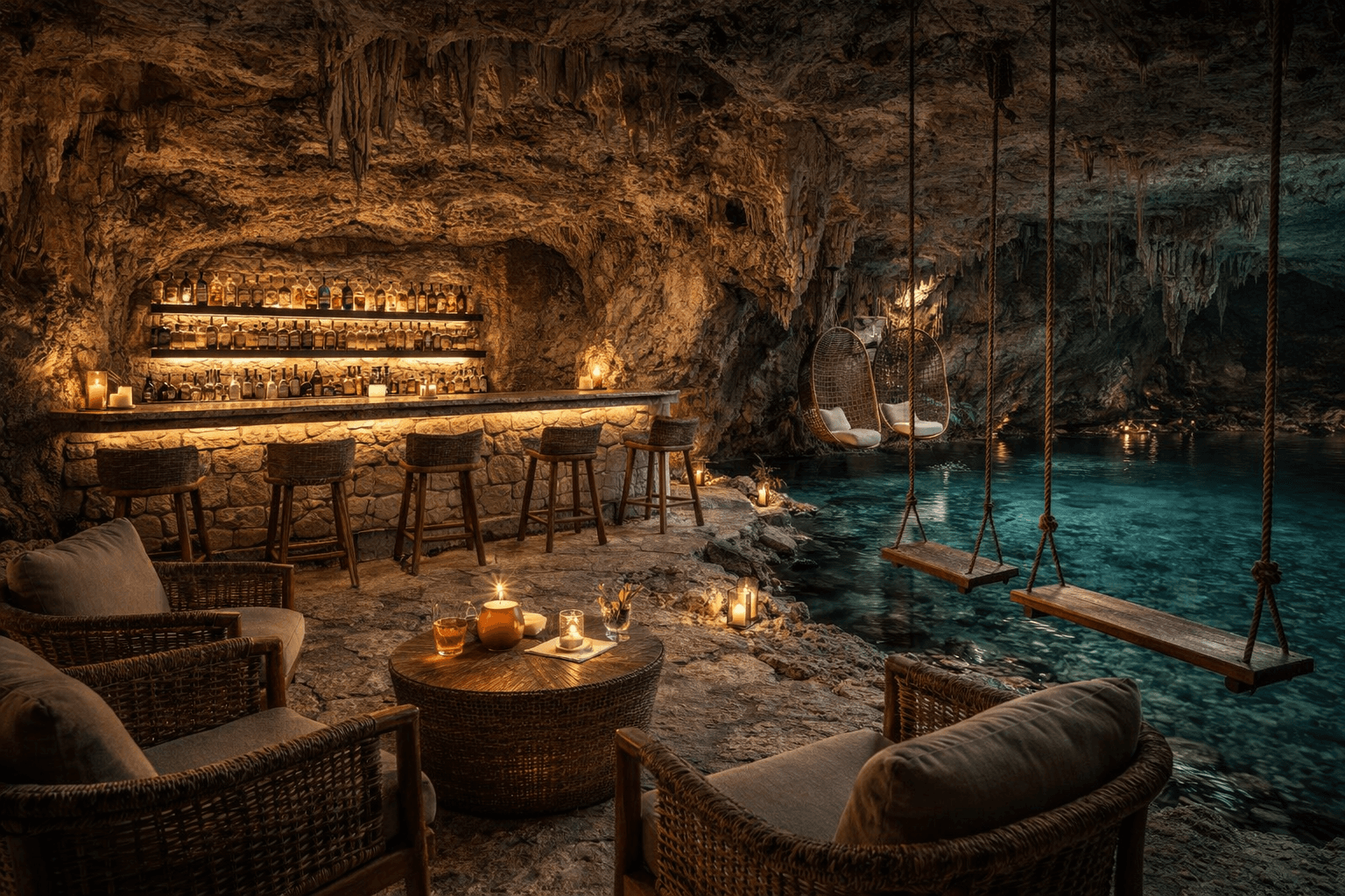 Bar speakeasy en cueva con cenote y columpios