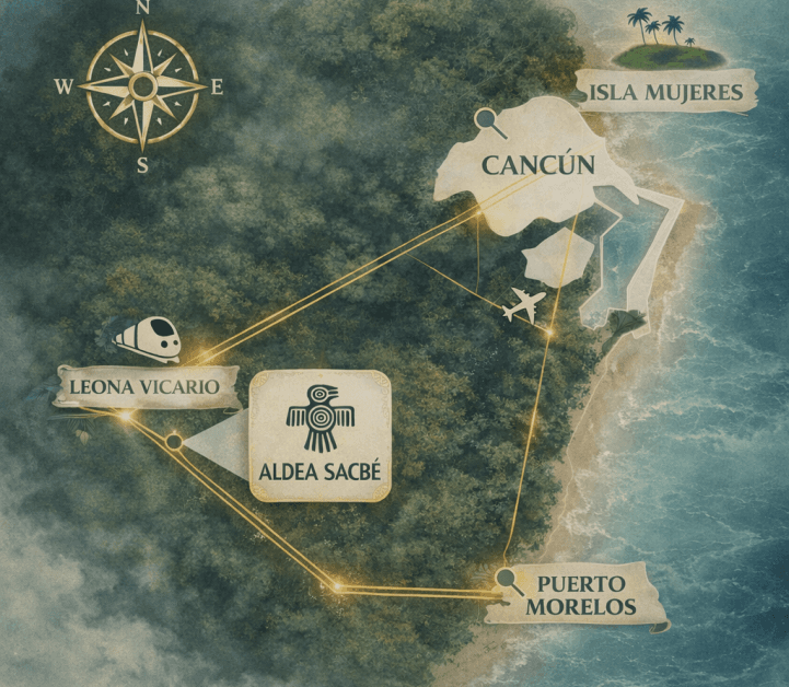 Mapa de ubicación de Aldea Sacbé entre Cancún, Leona Vicario y Puerto Morelos